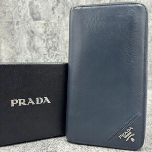 希少カラー 極美品 PRADA プラダ オーガナイザー 長財布　ネイビー メンズ 大容量　ラウンドファスナー　サフィアーノ レザー 人気