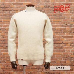 秋冬/BOB/Sサイズ/丸首ニット 上質ウール100％ 無地 ミドルゲージ ほっこり イタリア製 新品/白/ホワイト/jb222/