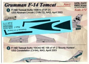 1/72PRINTSCALE DECALS　プリントスケールデカール72-272 Grumman F-14 Tomcat part-1 Bounty Hunters