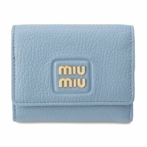 【ミュウミュウ】Miu Miu　ロゴ レザー コンパクトウォレット 三つ折財布 5MH043 ブルー 【中古】【正規品保証】204514