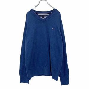 TOMMY HILFIGER コットンニット L ブルー 青 トミーヒルフィガー Vネック セーター 刺繍ロゴ 古着卸 アメリカ仕入 a503-5723