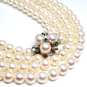 1円〜!!美品!!エメラルド付き!!MIKIMOTO(ミキモト)●K14WG アコヤ本真珠2連ネックレス●J 約66.7g 約55.0cm 約6.0-6.4mm珠 EF0/EI0 B81