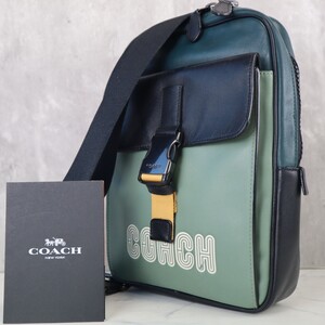 近年モデル 極美品 コーチ COACH メンズ ボディバッグ C6647 ショルダーバッグ カラーブロック パッチ レザー 緑 黒 斜め掛け