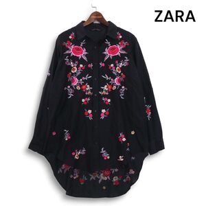 ZARA WOMAN ザラ 通年 絹 シルク混♪ 花柄 フラワー刺繍 長袖 シャツ チュニック Sz.S　レディース 黒　K4T01309_8#C