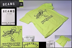 ペーパーボーイ ( パリ ) paperboy x JANSPORT x ビームス BEAMS トリプルコラボ ★ 半袖 Tシャツ ★ Mサイズ ★ 黄緑 ★ バックプリント
