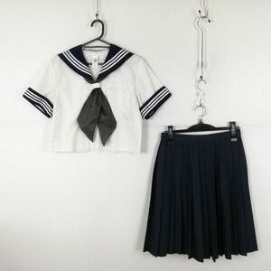 1円 セーラー服 スカート スカーフ 上下3点セット 夏物 白3本線 女子 学生服 香川明善高校 白 制服 中古 ランク:C NA0593