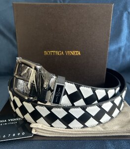 ■極美品■Bottega Veneta ボッテガヴェネタベルト イントレチャート 編み込み メッシュ 牛革 ブラック 黒白色 ビジネス メンズEUR 90 CM