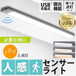 人感 センサーライト 薄型 バーライト 20cm USB充電式 明るさ調整 暖色 白色 LED 色調整可能 工事不要 TYPE-C 磁石テープ配線不要