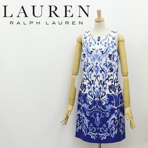 美品 国内正規品◆RALPH LAUREN ラルフローレン ストレッチ 総柄 ノースリーブ ドレス ワンピース ホワイト×ブルー 2