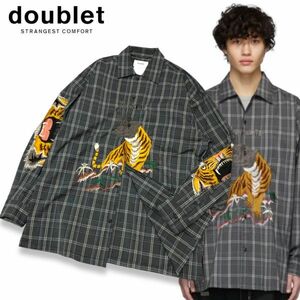 46 国内正規品 20ss doublet Biting Embroidery Shit ダブレット 20ss15sH72 タイガー ロゴ刺繍 エンブロイダリー チェックシャツ L