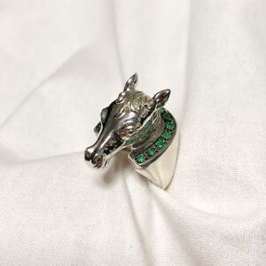 Silver House Shoe Emerald Head Ring 925 13号 エメラルド ホースシュー シルバーリング スターリング ホースヘッド ヴィンテージ 指輪