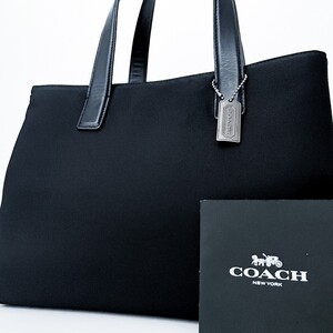 1円■新品同様■COACH コーチ キャンバス 型押し ロゴプレート チャーム トートバッグ ビジネス メンズ レディース レザー ブラック 黒