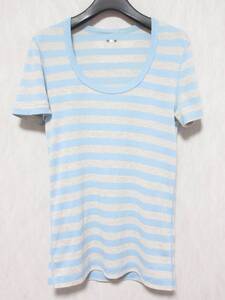 three dots スリードッツ Tシャツ 半袖 ボーダー レディース M 水 グレー　irmri yg3916