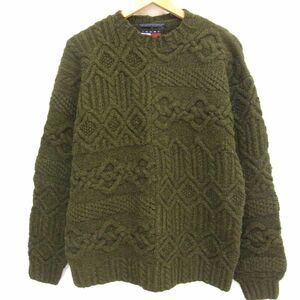 90s☆TOMMY HILFIGER トミーヒルフィガー ニット アランニット メンズ セーター カーキ 秋冬物 1円スタート