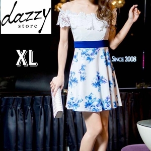 dazzystore デイジーストア　アンティーク　花柄　Aライン ワンピース オフショル ドレス　XL・LLサイズ　ホワイト・白×ブルー・青　