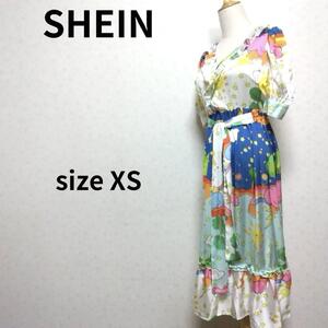 SHEIN アート総柄デザイン ナチュラルプレミアム Vネック 半袖ロングワンピース XSサイズ レディースファッション