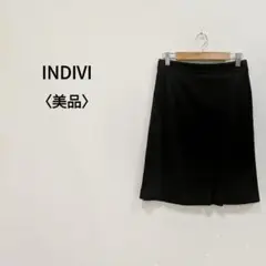 【美品】インディヴィ 綿混膝丈フェイクラップスカート ブラック レディース