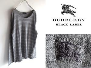 希少 BURBERRY BLACK LABEL バーバリーブラックレーベル ホースロゴ刺繍 シャドーボーダー コットンニット 4 グレー 大きいサイズ 三陽商会