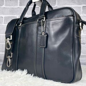 1円【大容量/極美品】コーチ COACH ビジネスバッグ ブリーフケース 2way A4収納可 メンズ 肩掛け レザー 本革 ブラック 黒 白ステッチ ロゴ