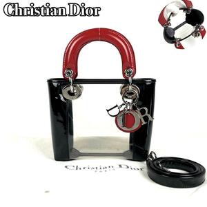 【美品】Christian Dior レディ ディオール ハンドバッグ 2way ショルダーバッグ 斜め掛け トロッター クリア 黒 ブラック 赤 レッド