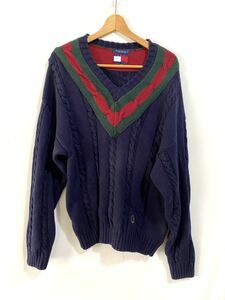 ■ TOMMY HILFIGER トミーヒルフィガー 刺繍ロゴ入り Vネック チルデン コットン ニット セーター 古着 サイズL ネイビー ケーブル ■