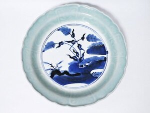 古伊万里　青磁　羊歯一屋図　　陽刻　芙蓉手　輪花大皿　NO.3-1-1660HT