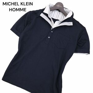 美品★ MICHEL KLEIN HOMME ミッシェルクラン オム 春夏 レイヤード風 半袖 リブ ポロシャツ Sz.48　メンズ ネイビー　C4T06390_6#A