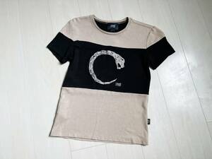 美品 Class Roberto Cavalli クラス ロベルトカヴァリ Tシャツ 蛇 スネーク 刺繍 異素材切替 ロゴ刺繍 ツートン ベージュ 黒 ブラック △8