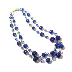 ★Vendome vintage blue plastic & cut glass double necklace