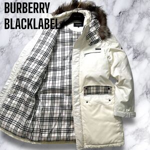 バーバリーブラックレーベル 2way ホース刺繍 ロゴプレート シルバーフォックス ファー ノバチェック ダウンコート BURBERRY BLACKLABEL 白