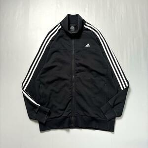 古着 adidas アディダス トラックジャケット スウェット トレーナー 裏パイル スリーライン 袖ライン サイドライン ブラック XLサイズ