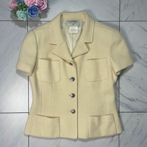 97C CHANEL BOUTIQUE VINTAGE ツイード 半袖 ジャケット ココマーク メタルボタン アイボリー クリーム old シャネル ブティック 42 L相当