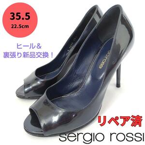 SergioRossi【セルジオロッシ】エナメル オープントゥ パンプス 紺色