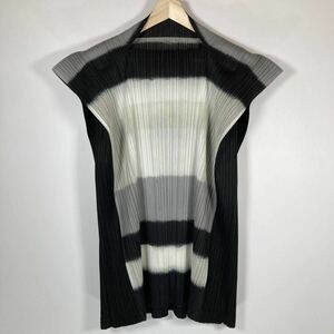 1円 美品 PLEATS PLEASE プリーツプリーズ ISSEY MIYAKE イッセイミヤケ ノースリーブ スクエア ボーダー 変形トップス 総柄 サイズ3