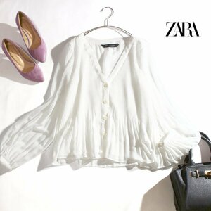 ZARA ザラ 春 夏 軽やか プリーツ加工 裾フレア 長袖 シフォンブラウス シャツ XS ホワイト 白