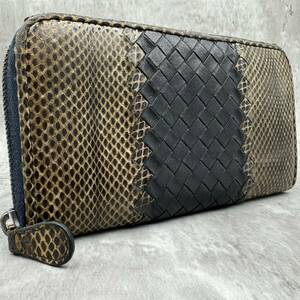 1円【希少／美品】BOTTEGA VENETA ボッテガヴェネタ ラウンドファスナー 長財布 パイソン イントレチャート 切り替え ネイビー 紺 メンズ