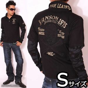 当店別注 VANSON バンソン フェイクレイヤード 長袖 ポロシャツ ブラック×袖ブラックカモ【Sサイズ 】NVPS-519 バイカー アメカジ 刺繍