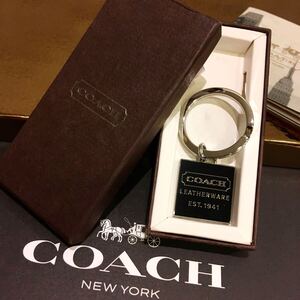 未使用　コーチ　COACH　 キーホルダー　キーリング 　ブラック×シルバー　巾着　箱入り　スクエア