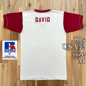 80sプリントタグUSA製 RUSSELL ATHLETIC リンガーTシャツM ラッセルアスレティック フットボールT Vネック 90