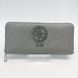 ◇ GUESS 長財布 大容量 ポケット多数 レザー ロゴ 財布 - グレー レディース E