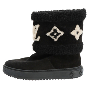 LOUIS VUITTON ルイヴィトン SNOWDROP FLAT ANKLE BOOT スノードロップ ラインアンクルブーツ LVロゴ ムートンブーツ ブラック TC0251