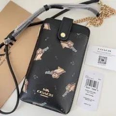 COACH コーチ　スマホケースショルダーバッグ財布　ブラック　ペンギン柄　黒色