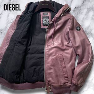 極上羊革!!! DIESEL レザージャケット パーカー フード ブレイブマンロゴ ラムレザー Wジップ リブ ライダース ボルドー ディーゼル M相当