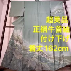 超美品　着物　正絹　袷　牛首紬　付け下げ　162落款 風景　若竹色　柳鼠　緑