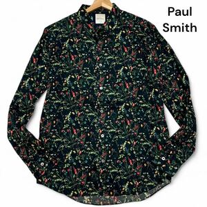 美麗品◎Lサイズ!!ポールスミス【圧巻のデザイン】Paul Smith 総柄 花柄 長袖 シャツ ボタニカル コットン100% ブラック 夏秋 薄手◎メンズ