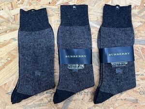 ★☆未使用品 バーバリー アンゴラ・モヘア混 男性用 ソックス グレー サイズ25-26ｃｍ 3点セット 靴下 BURBERRY☆★