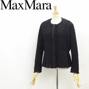 美品●Max Mara STUDIO マックスマーラ モヘヤ混 ニット ツイード ノーカラー ジャケット 黒 ブラック 46 大きいサイズ