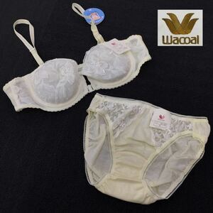 SU■未使用■② Wacoal ワコール ブラ/ショーツセット 薄黄色系 イエロー レース A75 Mサイズ 3/4カップ ブラジャー 下着 ランジェリー