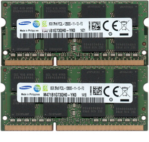 【DDR3 8GBx2枚 合計16GB ノートPC用】＜動作確認済＞SAMSUNG 1.35V/1.5V 両対応 DDR3L-1600 (PC3L-12800S) M471B1G73QH0-YK0【中古】H174