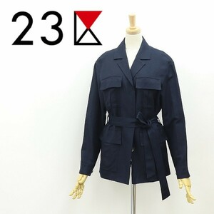 美品◆23区 リネン混 ストレッチ リボンベルト付 サファリ ジャケット 紺 ネイビー 36